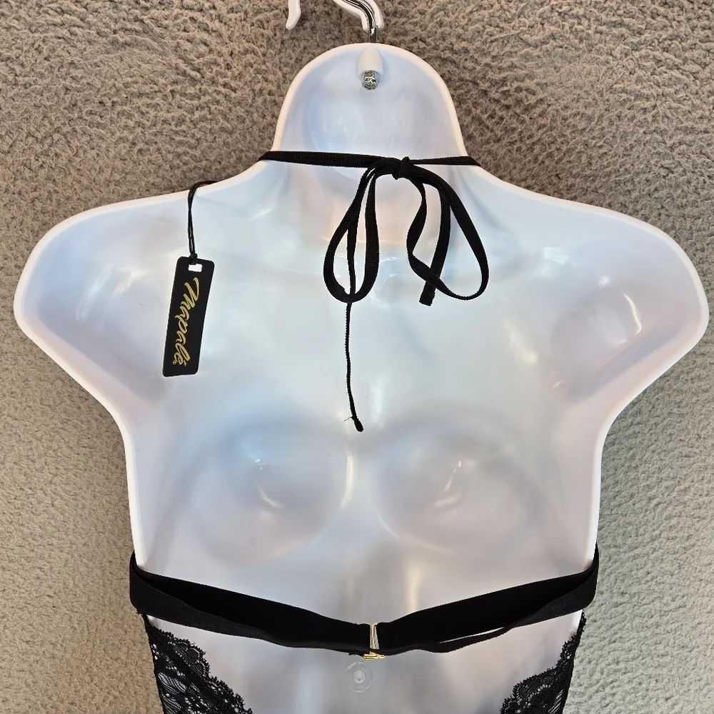 Mapale Womens Crotchless Bodysuit Lingerie Sz L Halter Tie Sexy Sheer